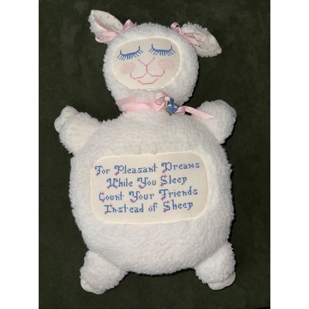 Vtg  Embroidered  Cross Stitch Plush Stuffed Lamb‎ Animal 19" Nursery Baby Sheep